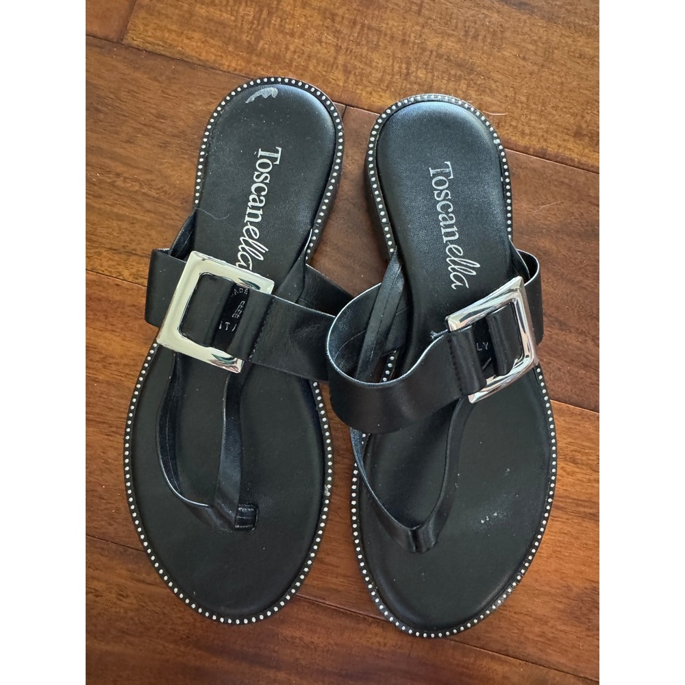 Toscanella ITALY Black Leather Thong Sandals Embellished Buckle Size 7‎ Women